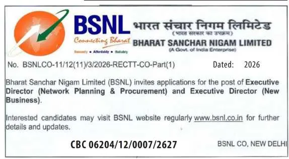 BSNL Recruitment 2026: Applications Invited for Executive Director Posts, Check Official Notification