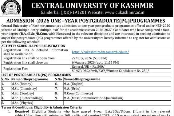 Central University of Kashmir Opens Admission for One-Year PG Programmes 2026; Registration Underway for Nine Courses