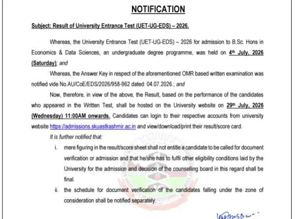 SKUAST-K UET (EDS) 2026 Result to Be Declared on July 29 at 11 AM; Candidates Can Download Scorecards Online