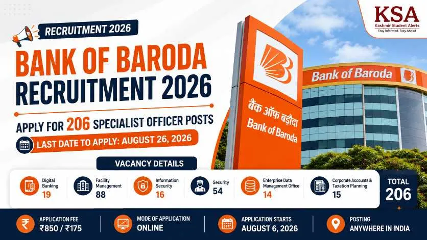 Bank of Baroda Recruitment 2026: 206 Specialist Officer Posts, Apply Till August 26