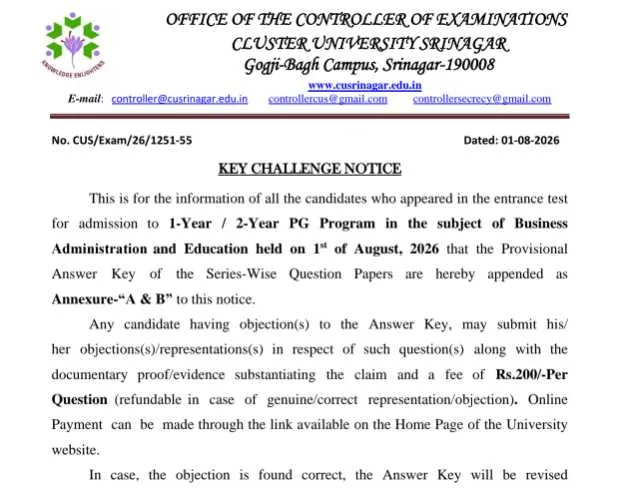 Cluster University Srinagar Releases Provisional Answer Key for PG Business Administration and Education Entrance Test 2026; Objections Invited Till August 3