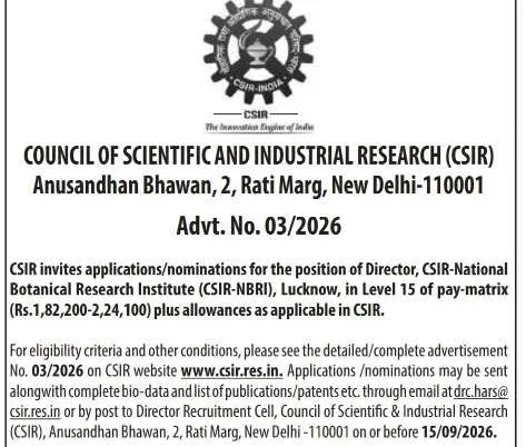 CSIR Invites Applications and Nominations for Director Post at CSIR-NBRI, Lucknow; Apply by September 15