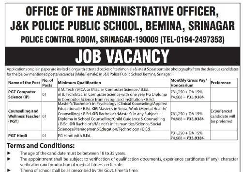 J&K Police Public School Bemina Recruitment 2026: Apply for PGT Computer Science, Counselling and Wellness Teacher, Hindi Posts