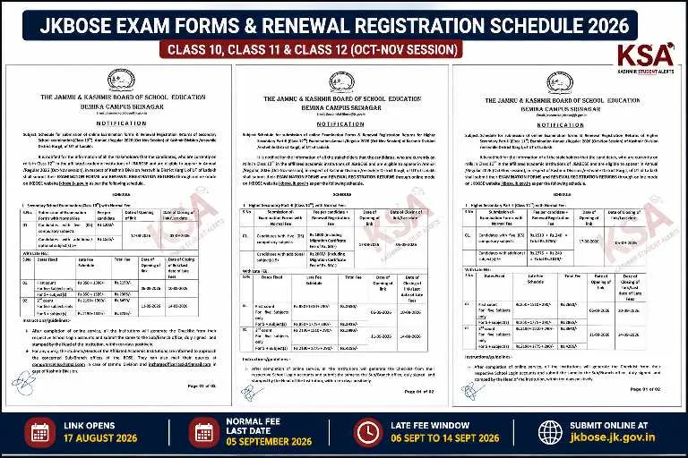 JKBOSE Annual/Regular 2026: Class 10, 11 & 12 Exam Form Submission Starts August 17