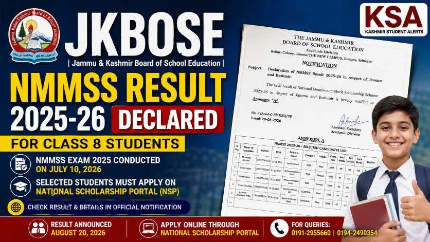 JKBOSE NMMSS Result 2025-26 Declared for Class 8: Check Selected Students List