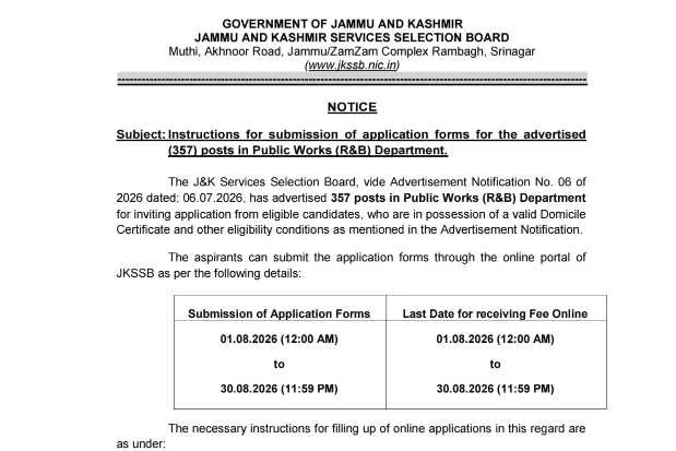JKSSB Issues Detailed Instructions for Online Applications to 357 Public Works (R&B) Department Posts