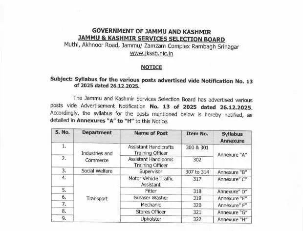 JKSSB Notification No. 13 of 2025: Syllabus Released for AHTO, Supervisor, MVT Assistant and Transport Posts