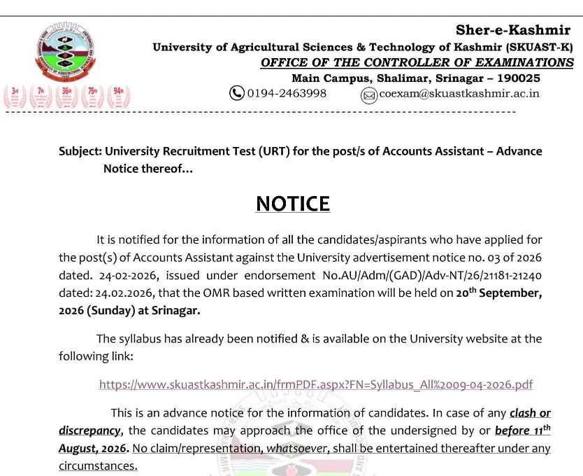 SKUAST-K Accounts Assistant Recruitment Test 2026 Scheduled for September 20 in Srinagar