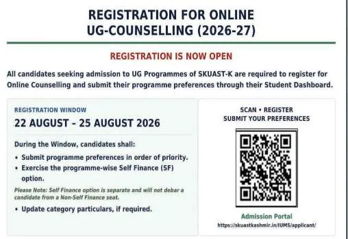 SKUAST-K UG Counselling 2026-27 Registration Opens; Apply by August 25