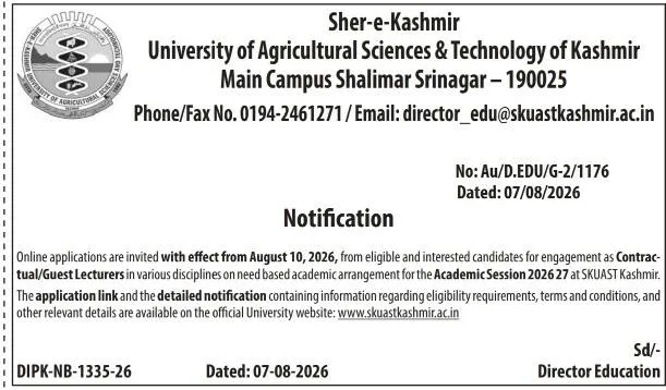 SKUAST Kashmir Invites Online Applications for Contractual/Guest Lecturer Engagements for Academic Session 2026–27
